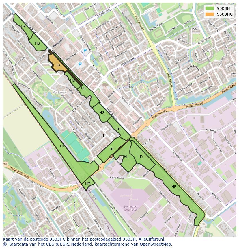 Afbeelding van het postcodegebied 9503 HC op de kaart.