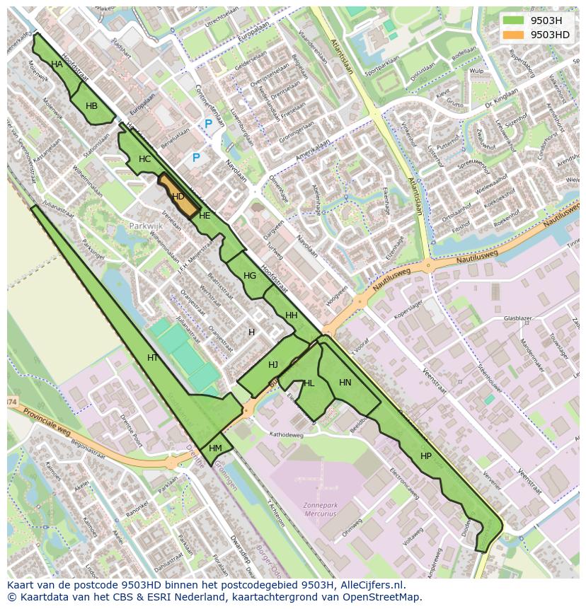 Afbeelding van het postcodegebied 9503 HD op de kaart.
