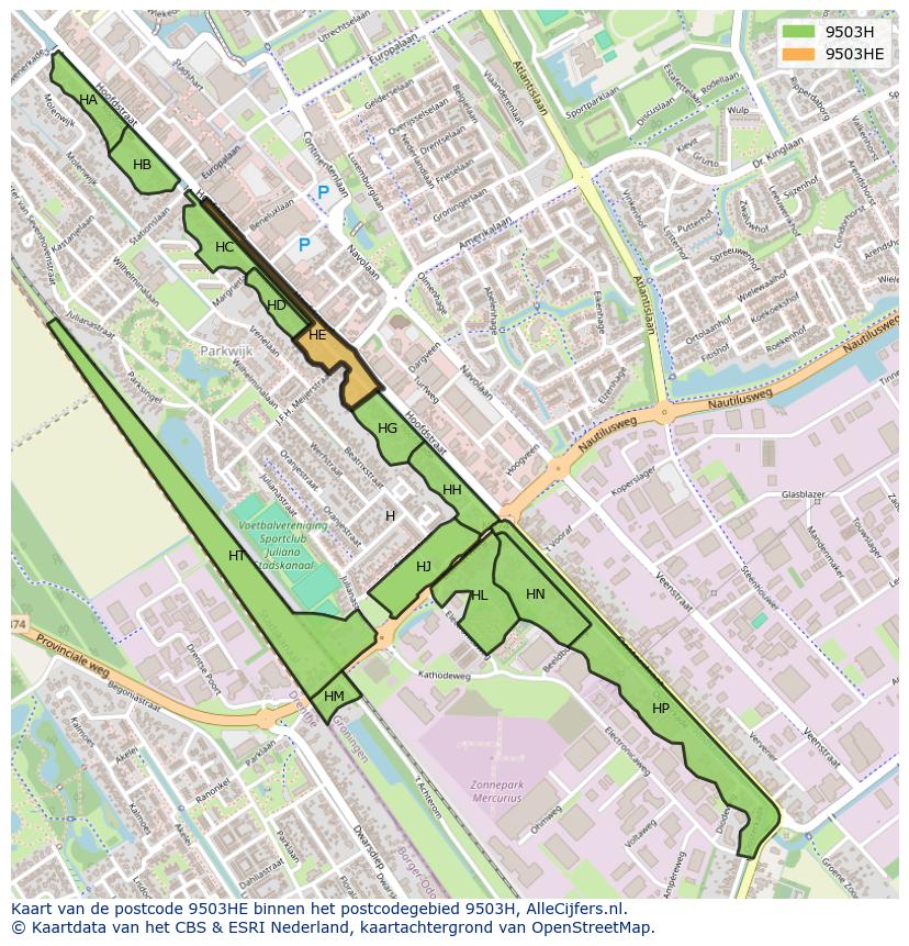 Afbeelding van het postcodegebied 9503 HE op de kaart.