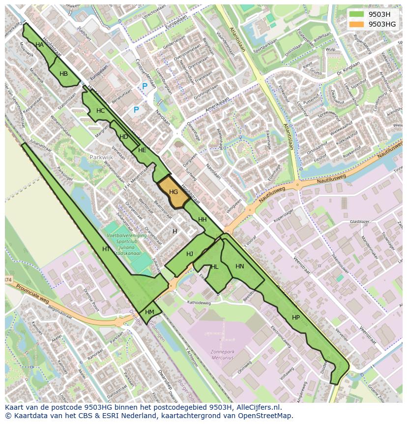 Afbeelding van het postcodegebied 9503 HG op de kaart.