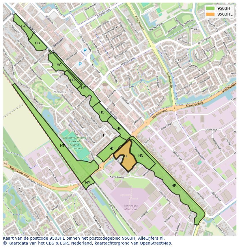 Afbeelding van het postcodegebied 9503 HL op de kaart.