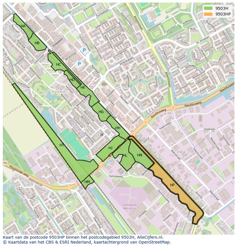 Afbeelding van het postcodegebied 9503 HP op de kaart.
