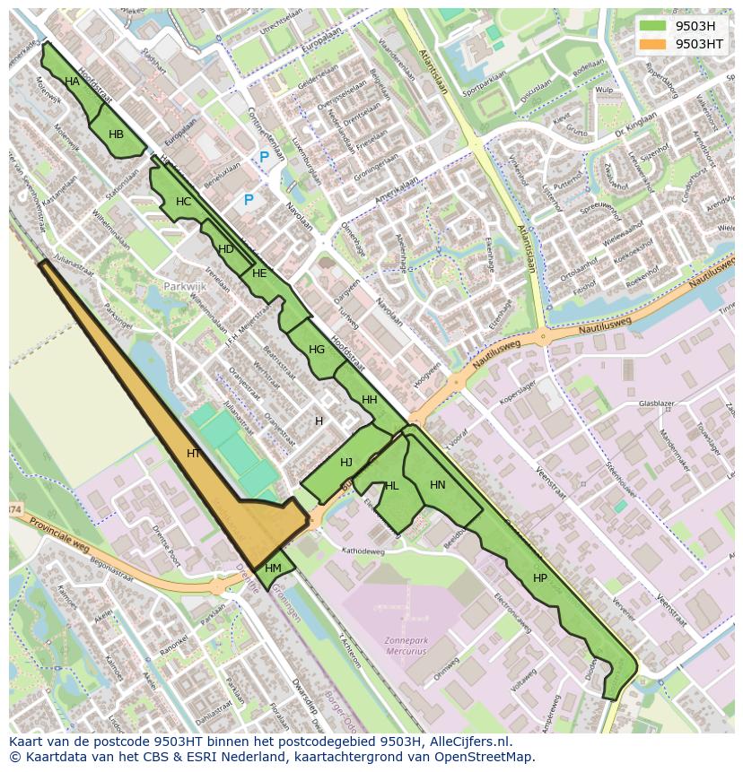 Afbeelding van het postcodegebied 9503 HT op de kaart.