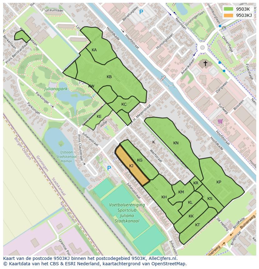 Afbeelding van het postcodegebied 9503 KJ op de kaart.