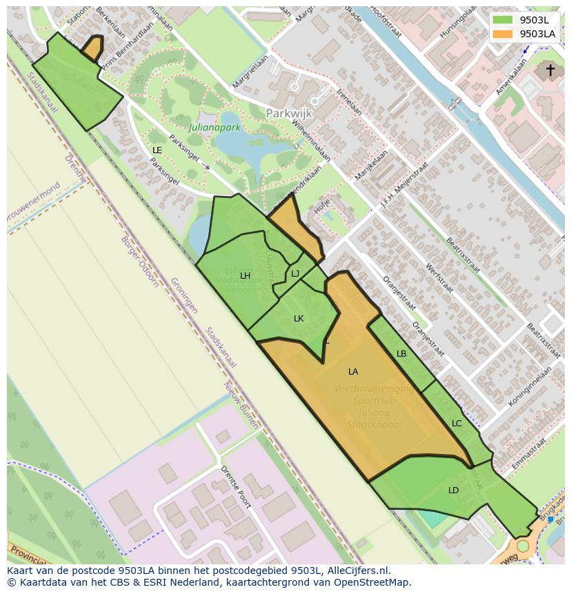 Afbeelding van het postcodegebied 9503 LA op de kaart.