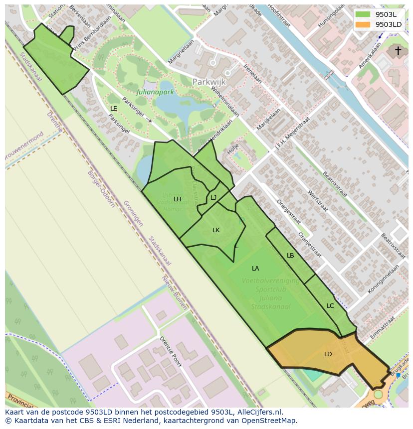 Afbeelding van het postcodegebied 9503 LD op de kaart.