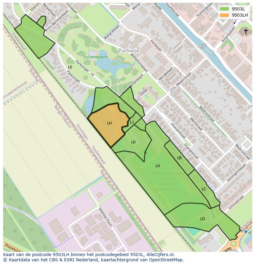 Afbeelding van het postcodegebied 9503 LH op de kaart.