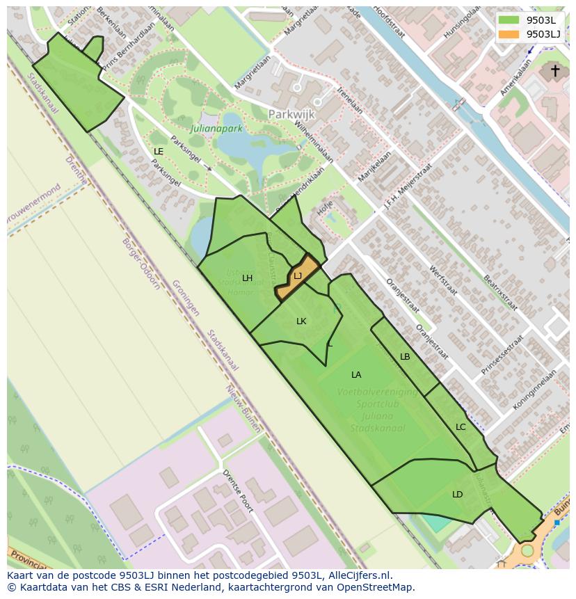 Afbeelding van het postcodegebied 9503 LJ op de kaart.