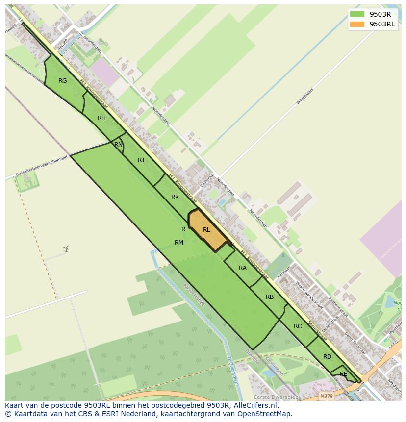 Afbeelding van het postcodegebied 9503 RL op de kaart.