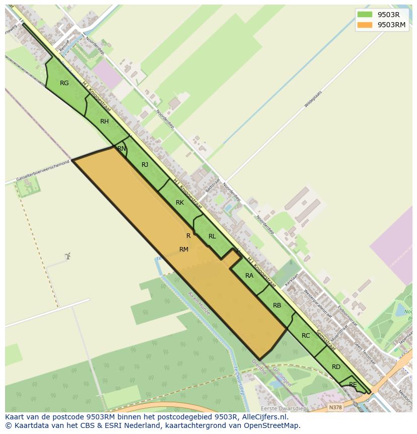 Afbeelding van het postcodegebied 9503 RM op de kaart.