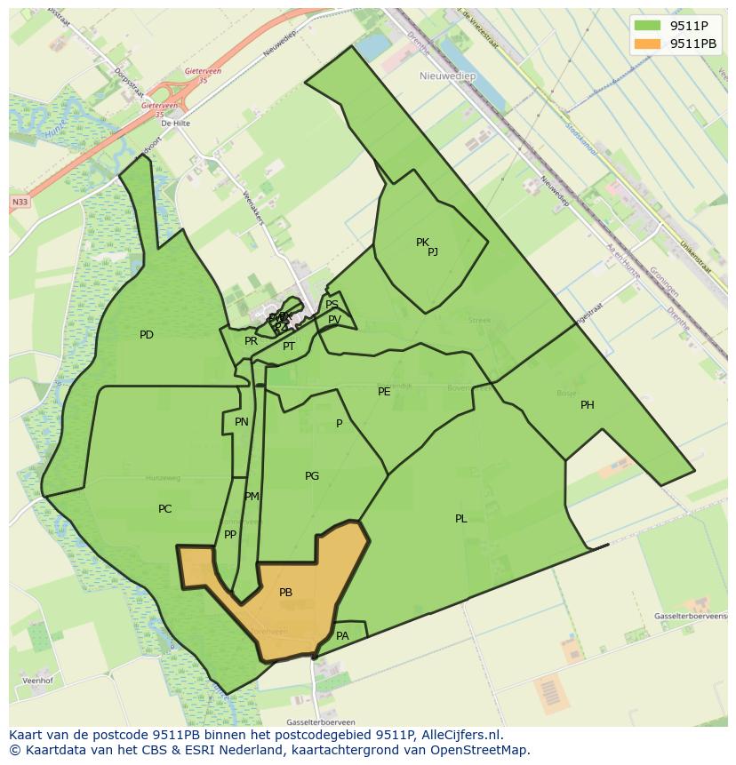 Afbeelding van het postcodegebied 9511 PB op de kaart.
