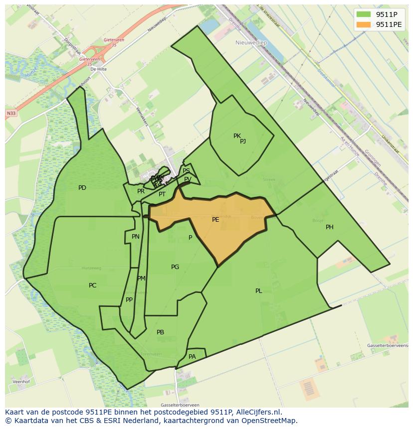 Afbeelding van het postcodegebied 9511 PE op de kaart.