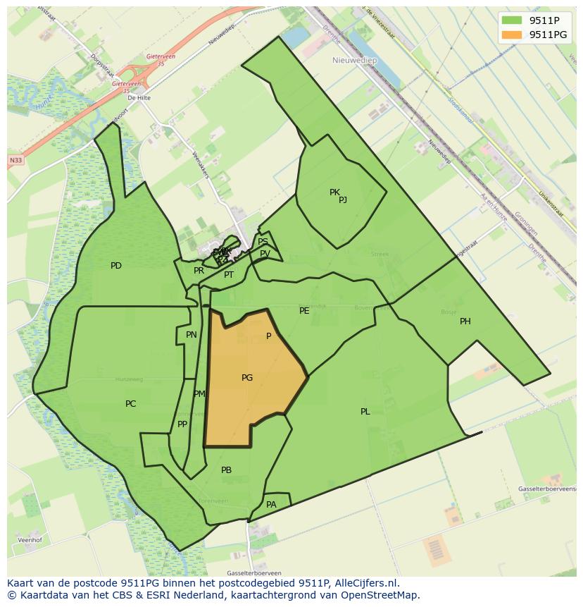 Afbeelding van het postcodegebied 9511 PG op de kaart.