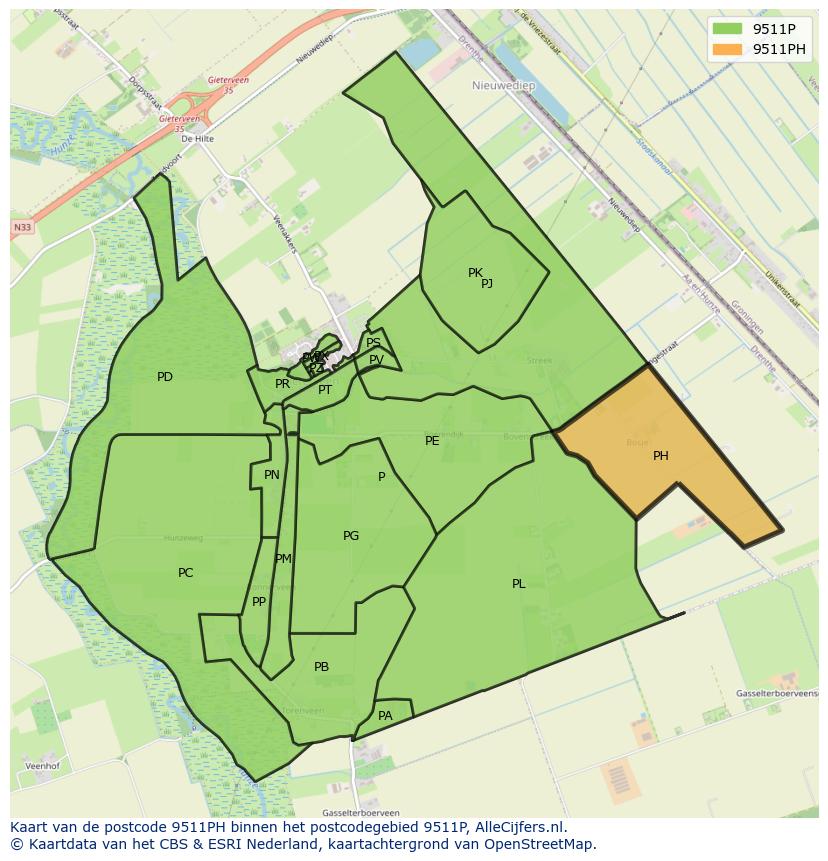 Afbeelding van het postcodegebied 9511 PH op de kaart.
