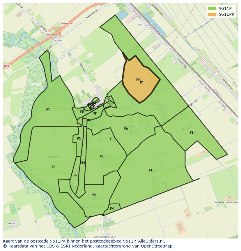 Afbeelding van het postcodegebied 9511 PK op de kaart.