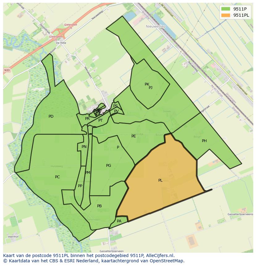 Afbeelding van het postcodegebied 9511 PL op de kaart.