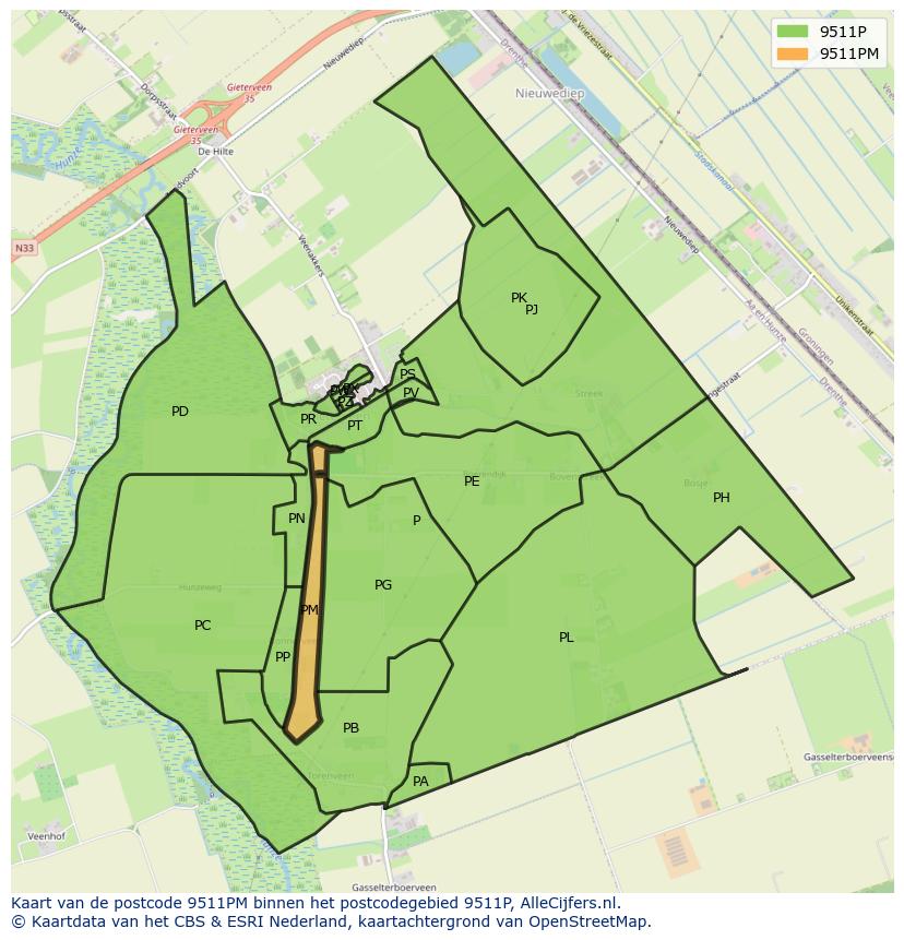 Afbeelding van het postcodegebied 9511 PM op de kaart.