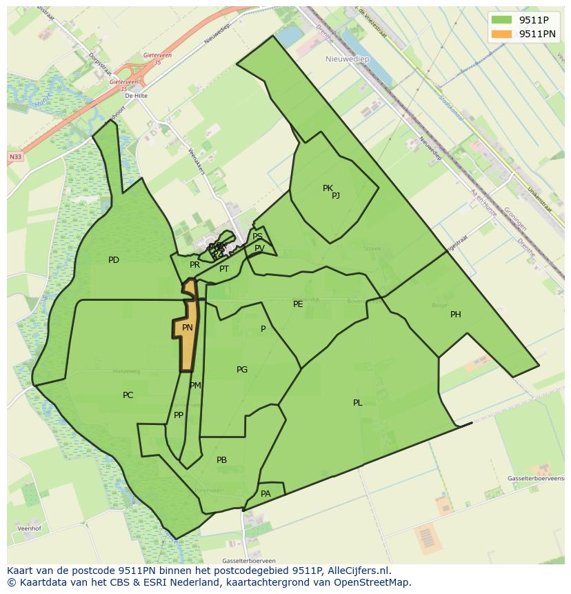 Afbeelding van het postcodegebied 9511 PN op de kaart.