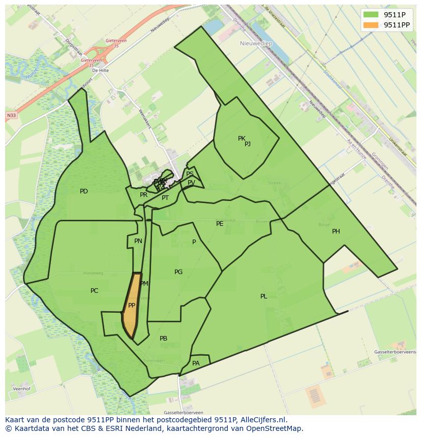 Afbeelding van het postcodegebied 9511 PP op de kaart.