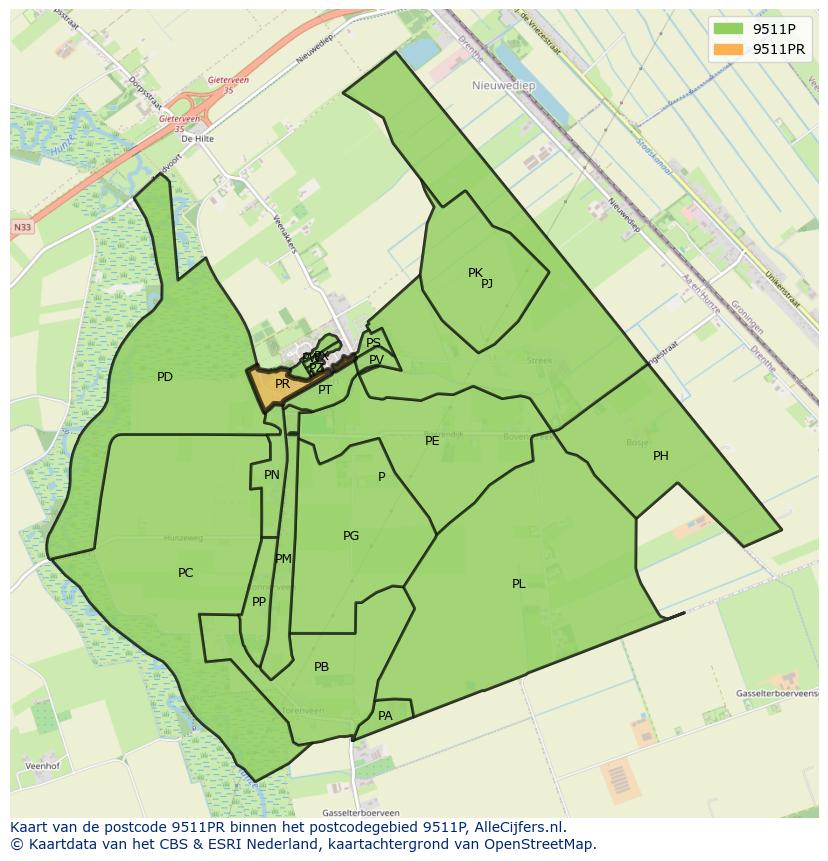 Afbeelding van het postcodegebied 9511 PR op de kaart.