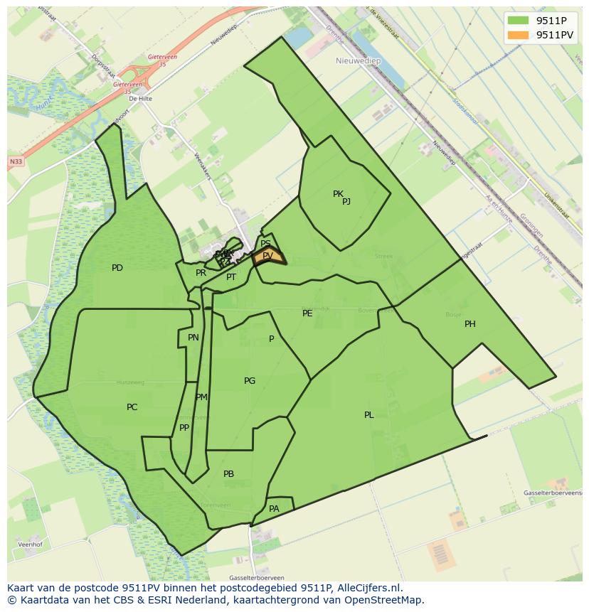Afbeelding van het postcodegebied 9511 PV op de kaart.
