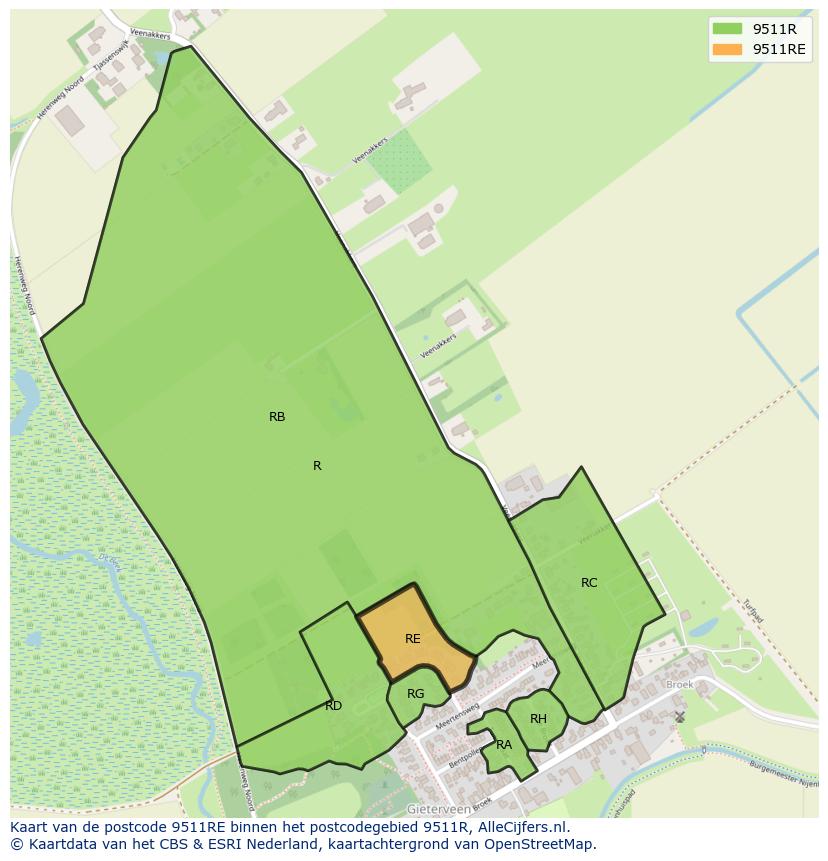 Afbeelding van het postcodegebied 9511 RE op de kaart.