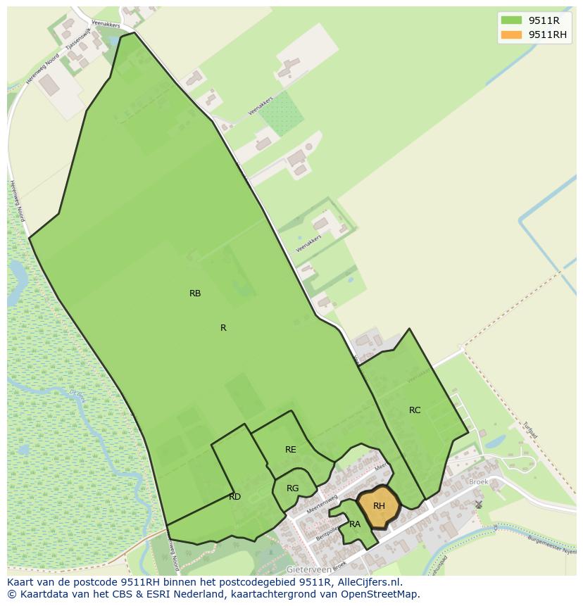 Afbeelding van het postcodegebied 9511 RH op de kaart.