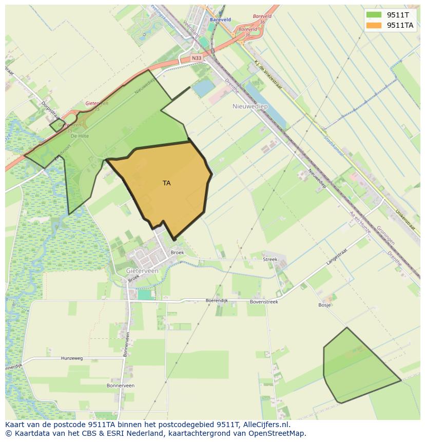 Afbeelding van het postcodegebied 9511 TA op de kaart.