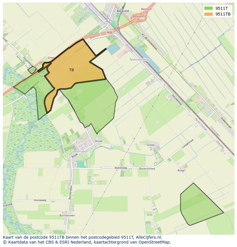 Afbeelding van het postcodegebied 9511 TB op de kaart.