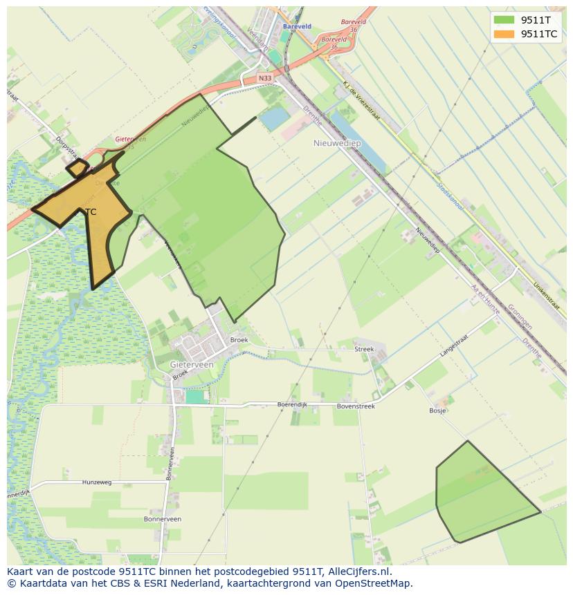 Afbeelding van het postcodegebied 9511 TC op de kaart.