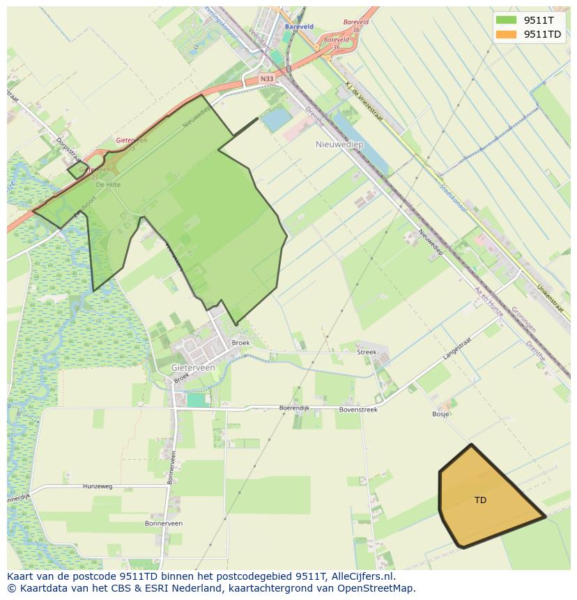 Afbeelding van het postcodegebied 9511 TD op de kaart.