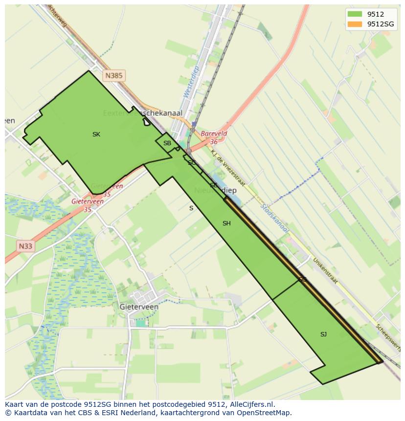 Afbeelding van het postcodegebied 9512 SG op de kaart.