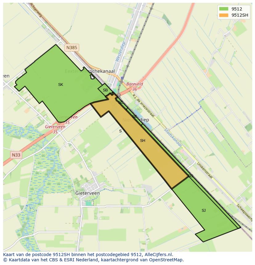 Afbeelding van het postcodegebied 9512 SH op de kaart.