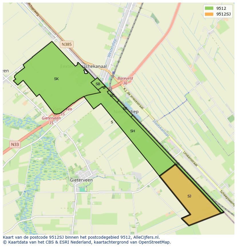 Afbeelding van het postcodegebied 9512 SJ op de kaart.