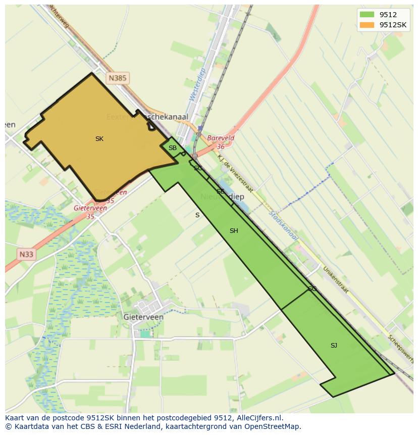Afbeelding van het postcodegebied 9512 SK op de kaart.