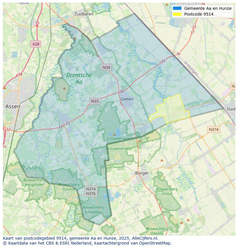 Afbeelding van het postcodegebied 9514 op de kaart.