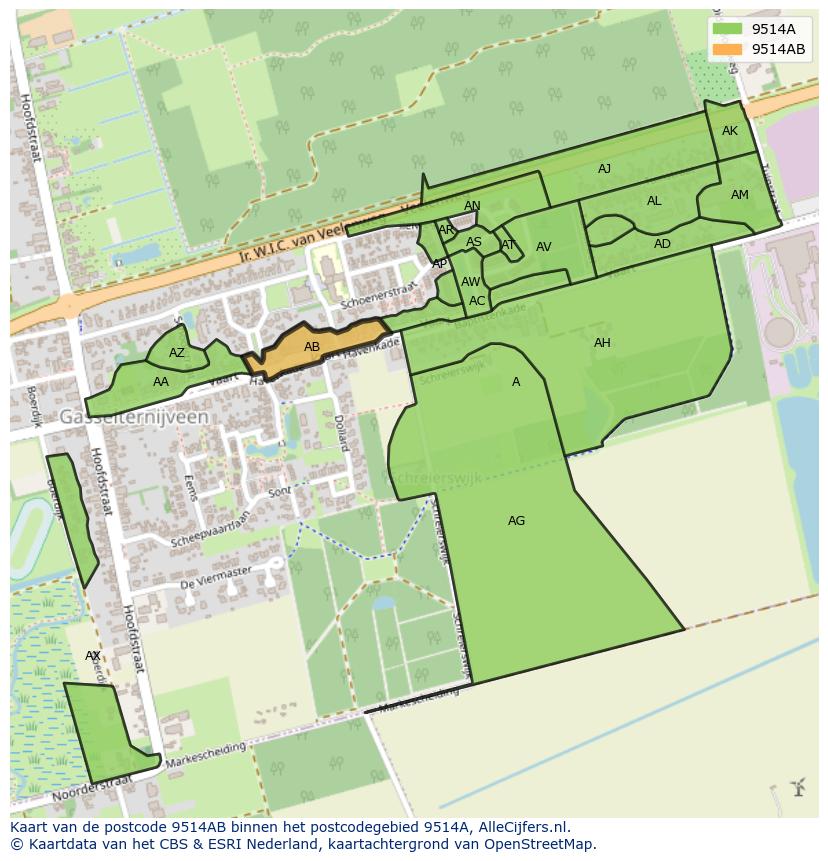 Afbeelding van het postcodegebied 9514 AB op de kaart.