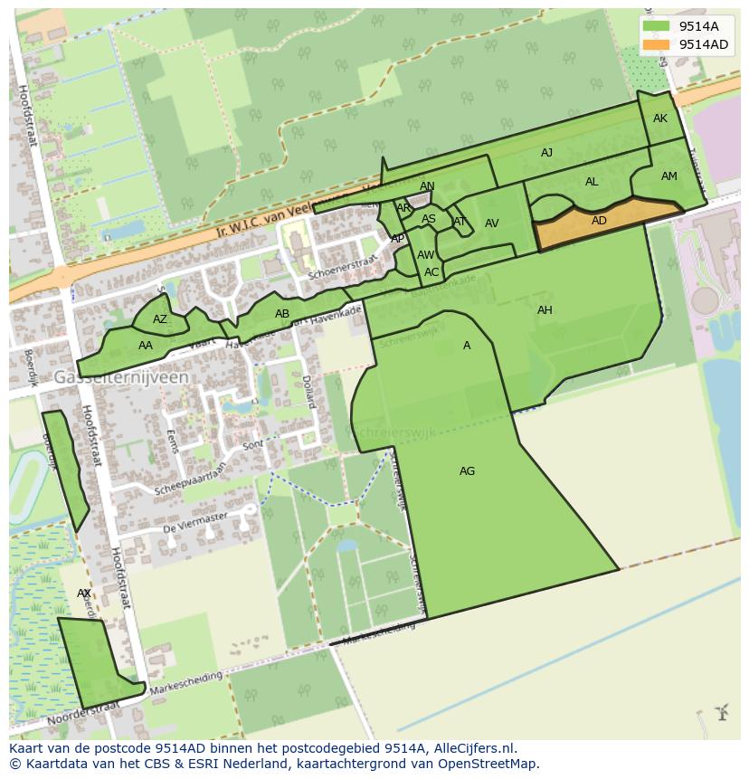 Afbeelding van het postcodegebied 9514 AD op de kaart.