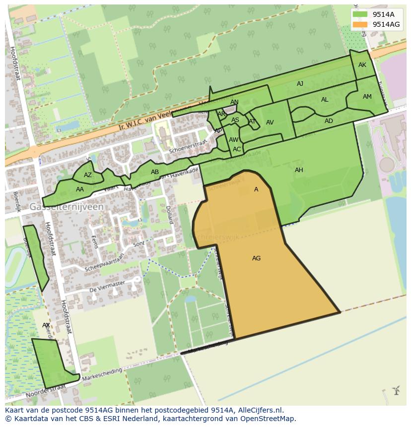 Afbeelding van het postcodegebied 9514 AG op de kaart.