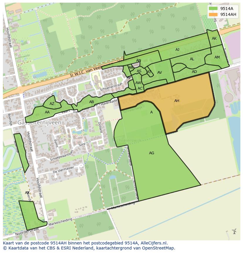 Afbeelding van het postcodegebied 9514 AH op de kaart.