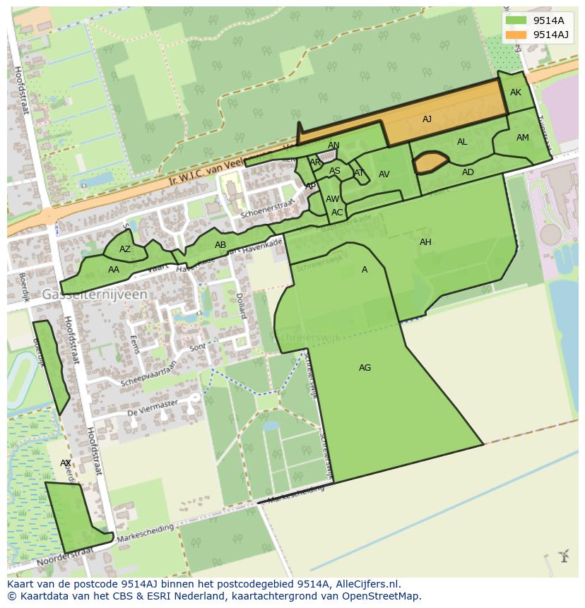 Afbeelding van het postcodegebied 9514 AJ op de kaart.