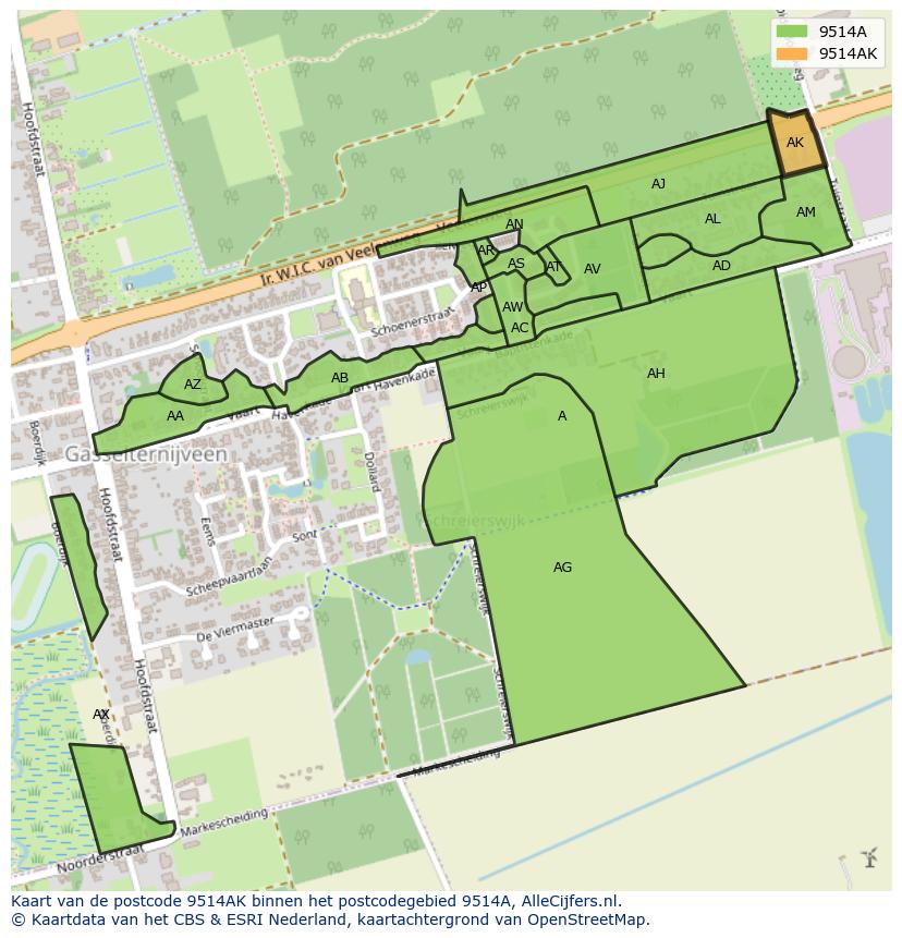 Afbeelding van het postcodegebied 9514 AK op de kaart.