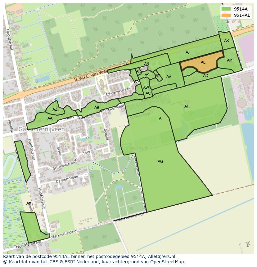 Afbeelding van het postcodegebied 9514 AL op de kaart.
