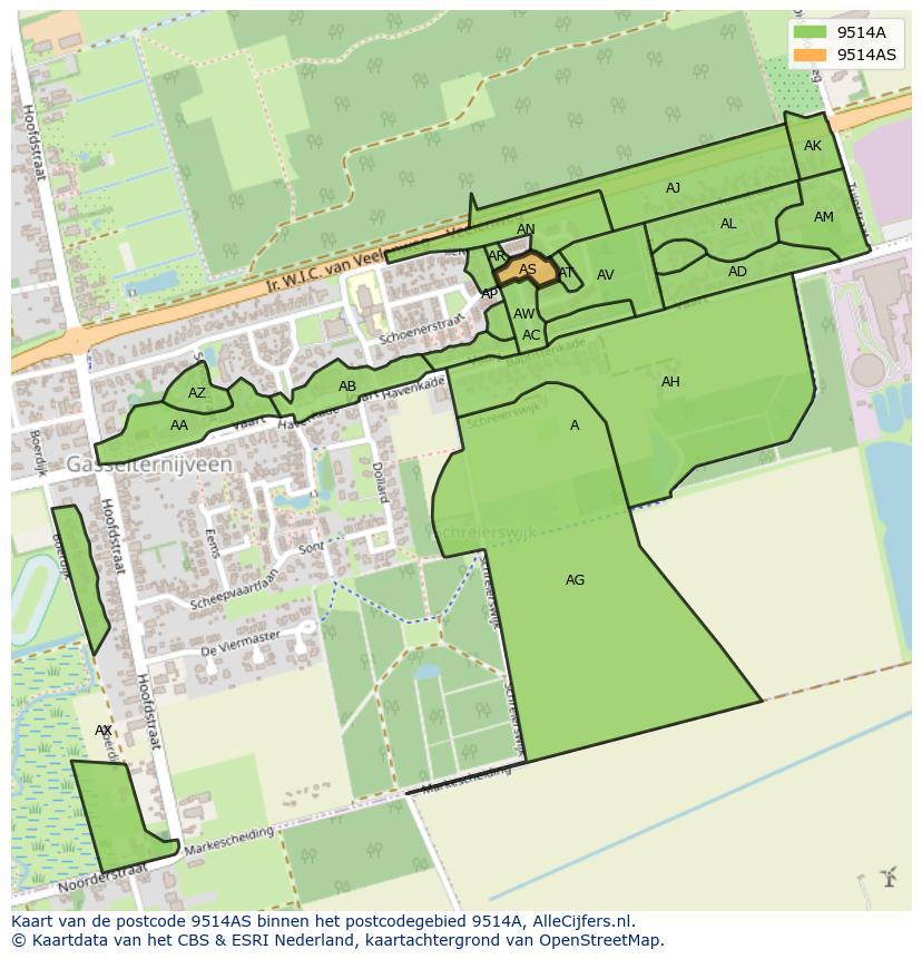 Afbeelding van het postcodegebied 9514 AS op de kaart.