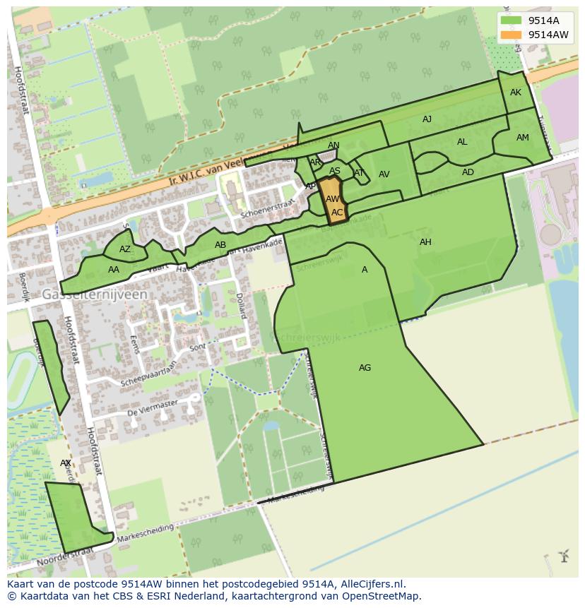 Afbeelding van het postcodegebied 9514 AW op de kaart.