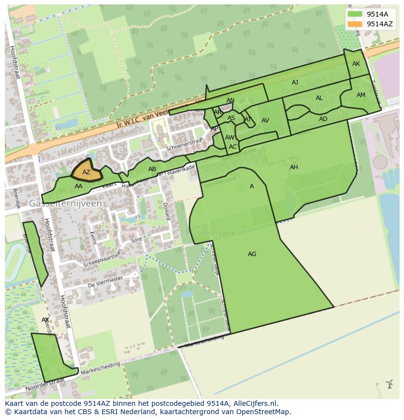 Afbeelding van het postcodegebied 9514 AZ op de kaart.