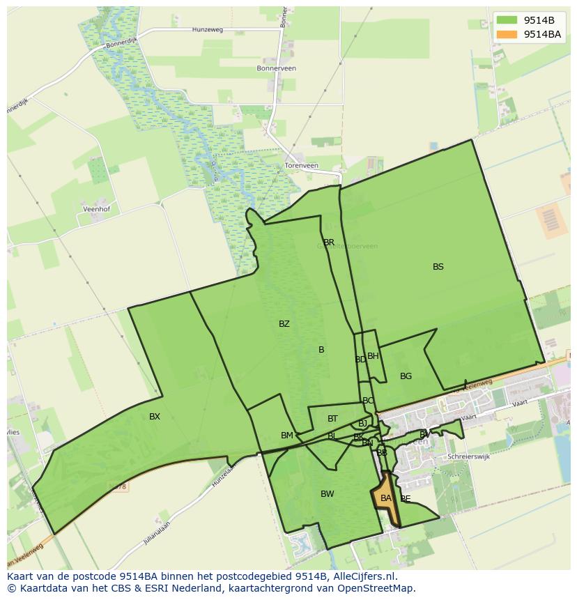 Afbeelding van het postcodegebied 9514 BA op de kaart.