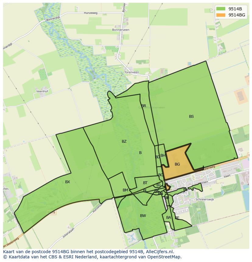 Afbeelding van het postcodegebied 9514 BG op de kaart.