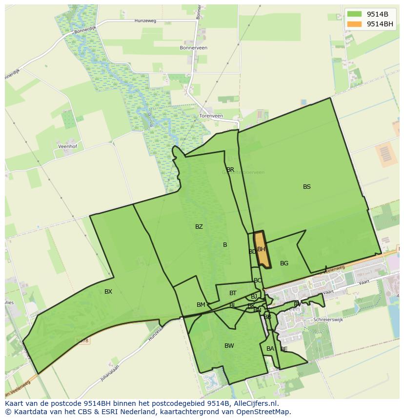 Afbeelding van het postcodegebied 9514 BH op de kaart.