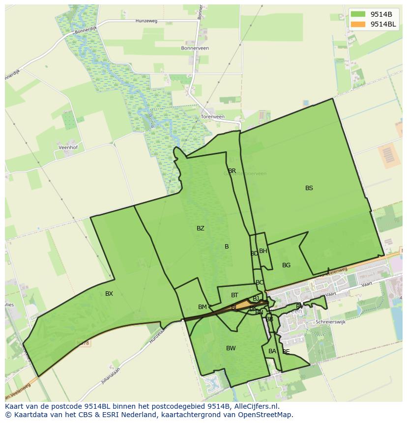Afbeelding van het postcodegebied 9514 BL op de kaart.